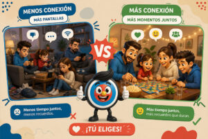 Familias con pantallas y jugando juntos