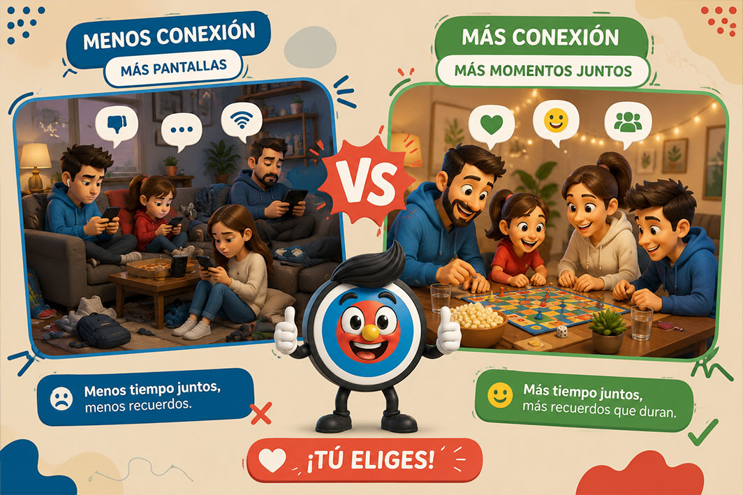 Familias con pantallas y jugando juntos